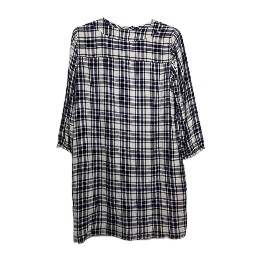 Madewell Plaid Dress XS Blue Ivory | Pockets | 3/4 Sleeve Viscose Tunic Dress - Picture 3 of 8